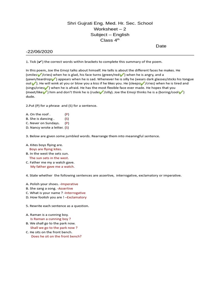 CLASS-4 English Worksheet 2 | PDF