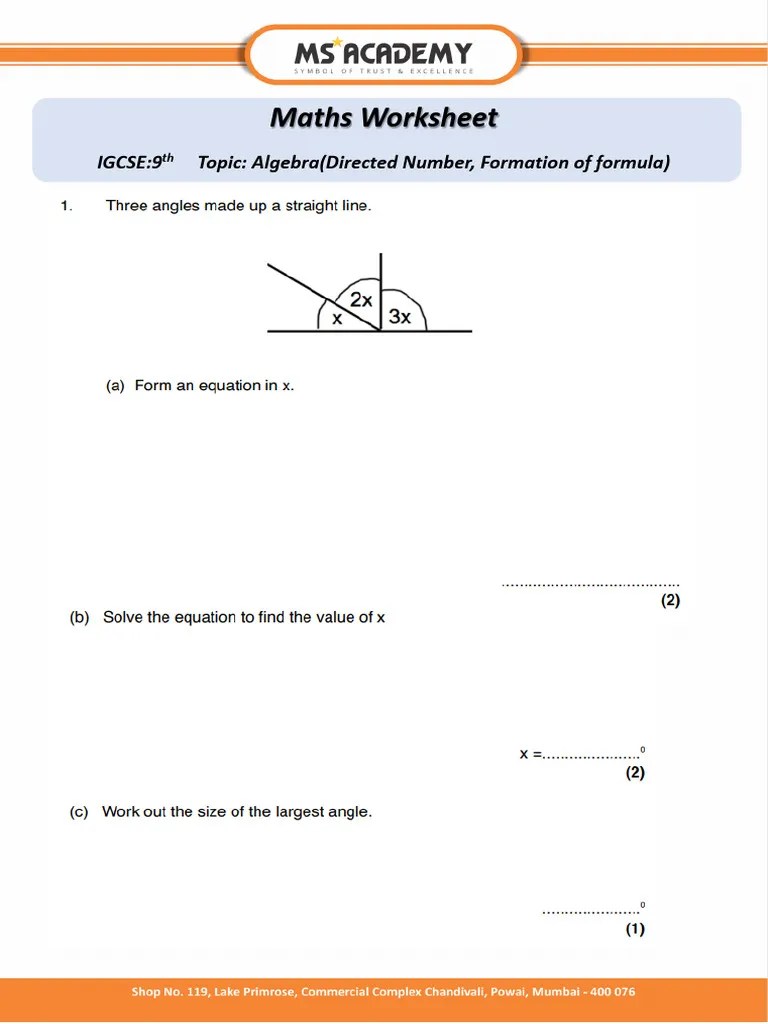 IGCSE Maths Worksheet Of Grade 9th - Algebra (1) | PDF