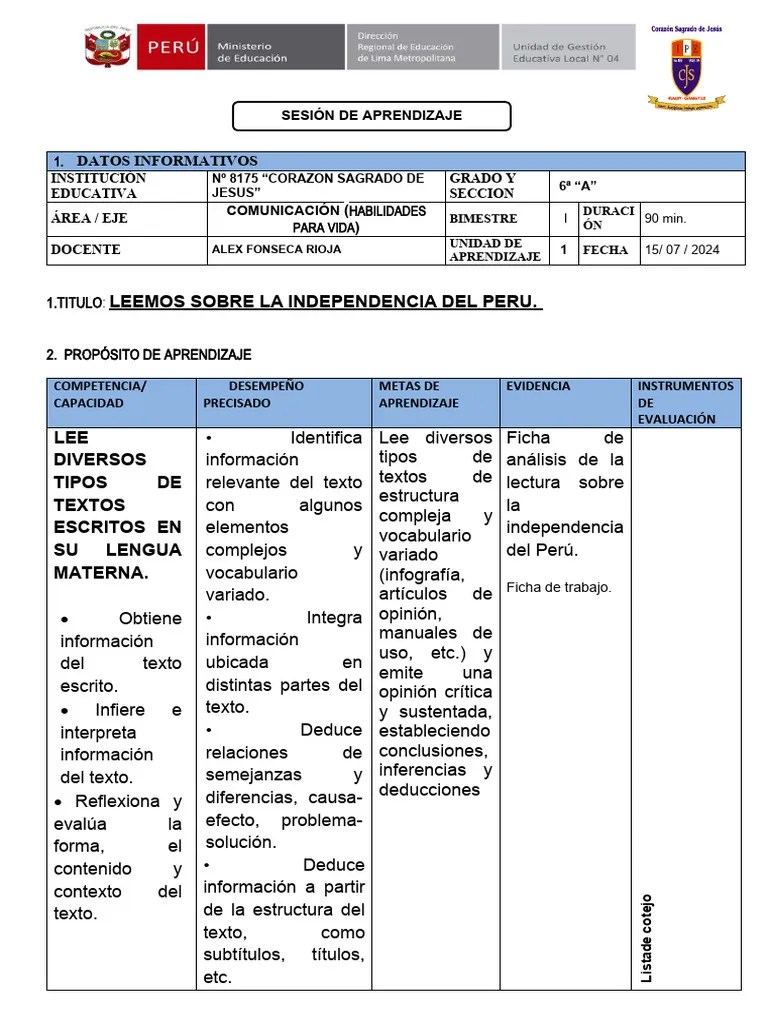 Sesion De Aprendizaje De Comunicacion S18 - 15 De Julio 2024 | PDF ...
