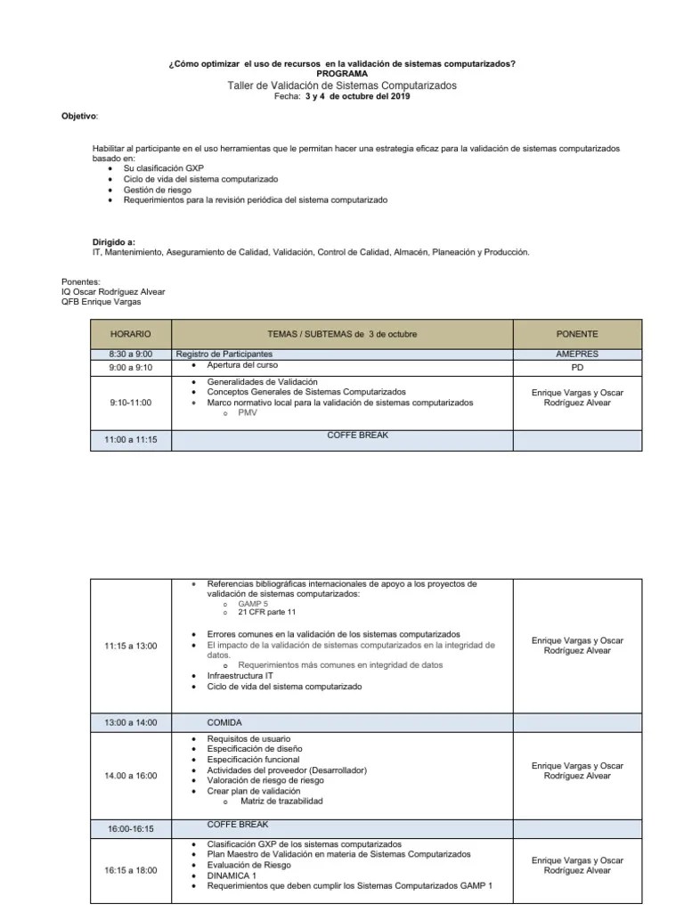 Programa Para Taller De Validación De Sistemas Computarizados 290819 ...