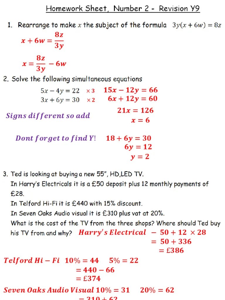 Y9 Revision Homework Sheet Number 2 Answers | PDF
