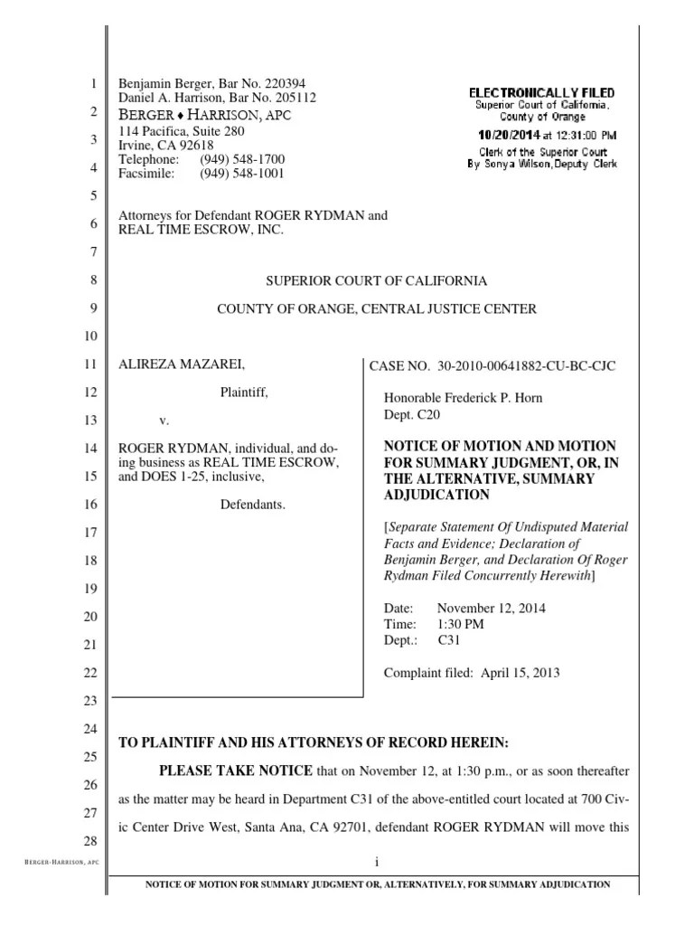 Filed Motion For Summary Judgment Adjudication | PDF | Negligence ...