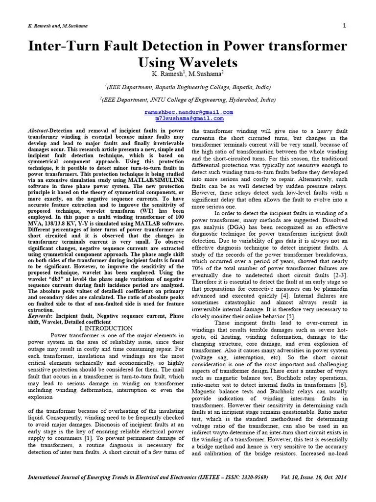 Inter-Turn Fault Detection In Power Transformer Using Wavelets | PDF | Wavelet | Transformer