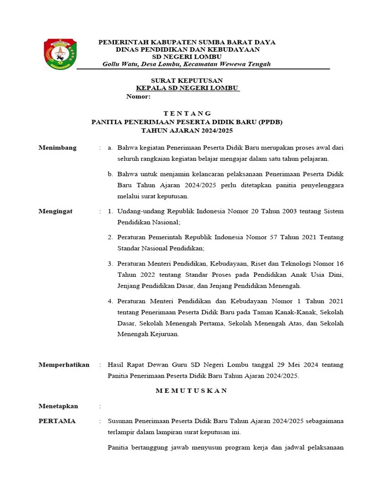 SK Panitia PPDB SD 2024-2025 (Panduanmengajar - Com) | PDF