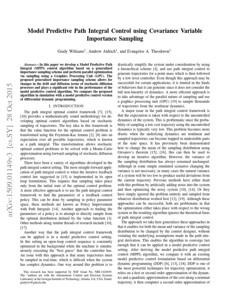 Model Predictive Path Integral Control Using Covariance Variable Important Sampling | PDF ...