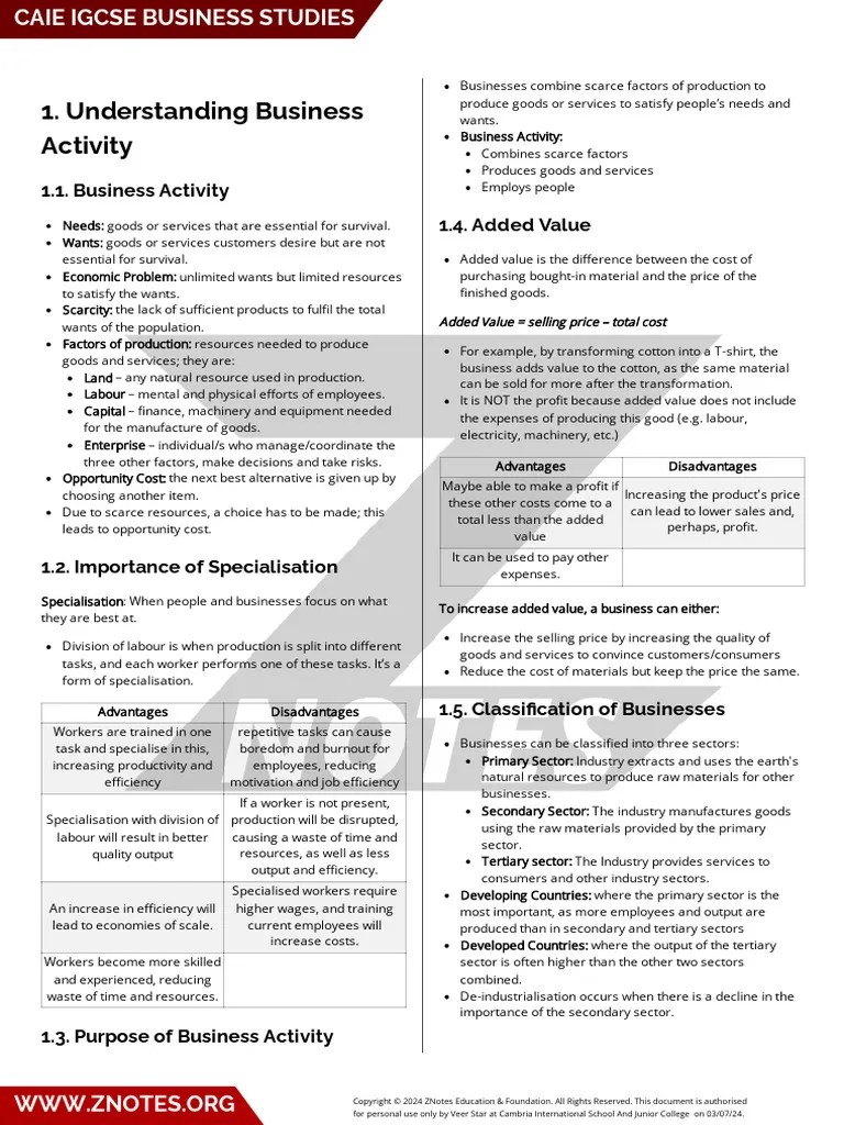 Section 1 Caie Igcse Business Studies 0450 Theory ...