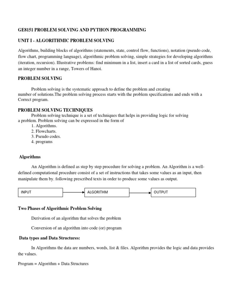 GE8151 PROBLEM SOLVING AND PYTHON PROGRAMMING Unit 1-converted | PDF ...