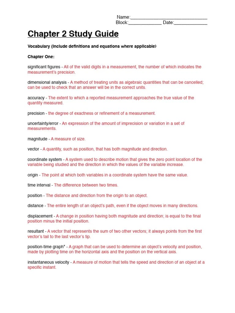 Chapter 2 Study Guide KEY | PDF | Velocity | Speed