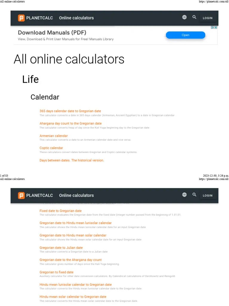 All Online Calculators | PDF | Calendar | Parsing