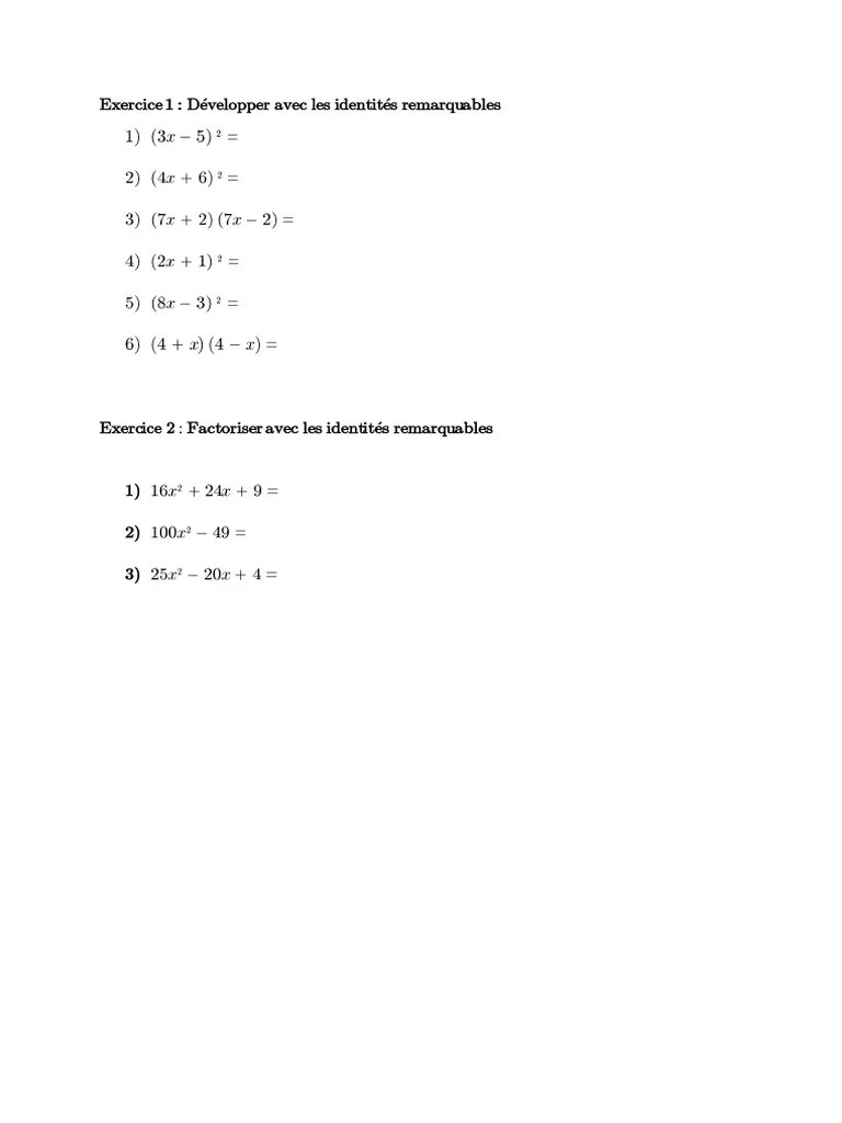 Exercice Sur Les Identités Remarquables | PDF