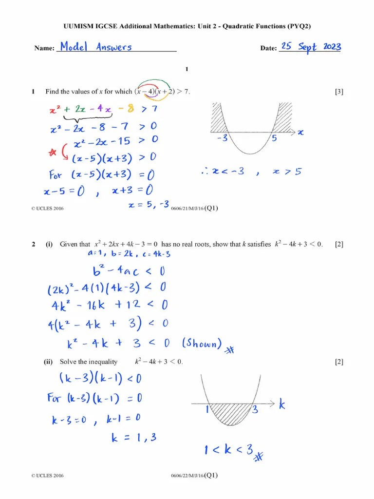 Model Ans - IGCSE Add Maths Worksheet - Unit 2 - Quadratic Functions ...