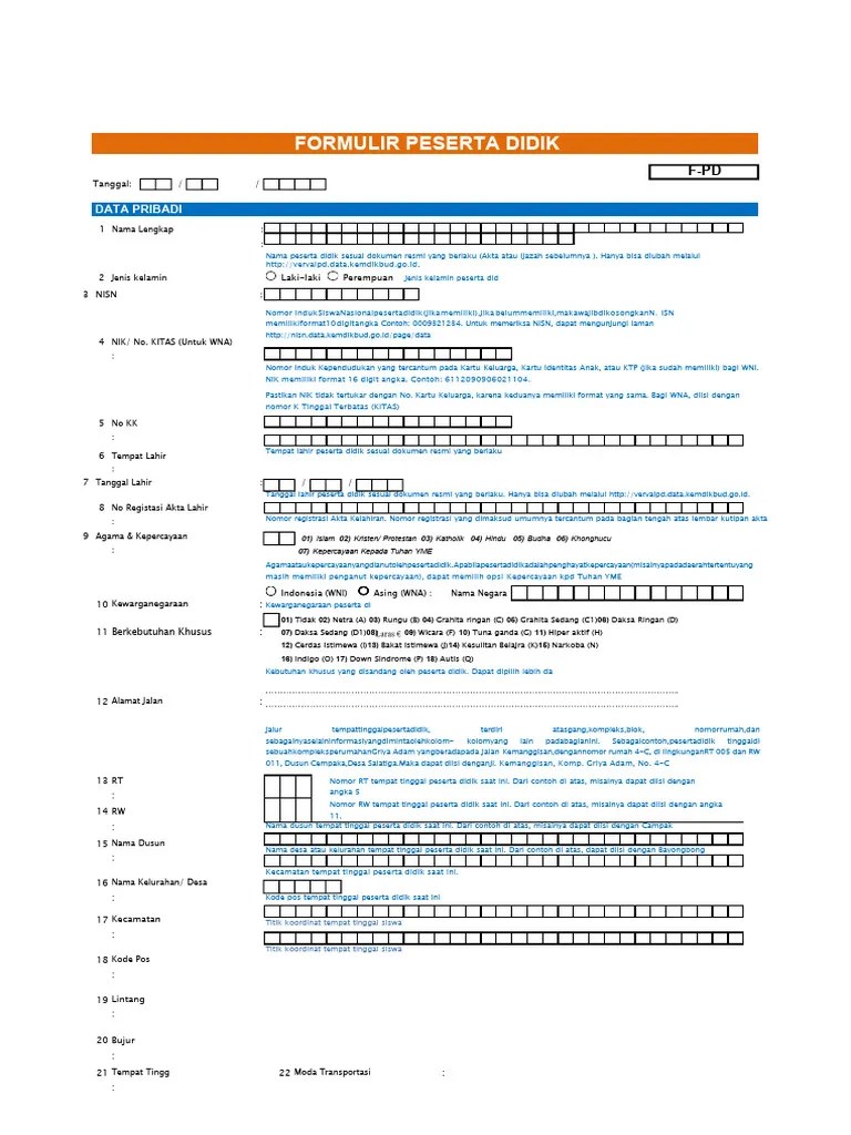Formulir Peserta Didik Dapodik | PDF
