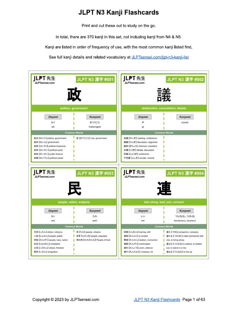 JLPT N3 Kanji Flashcards (Printable Set) | PDF