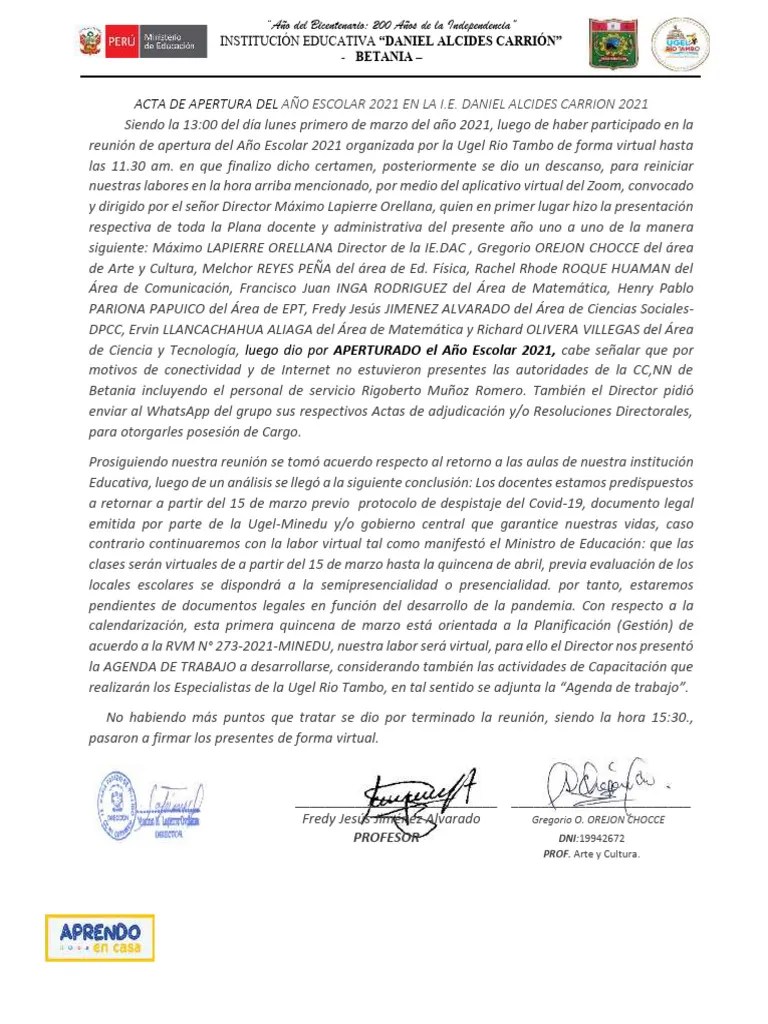 Dac Acta De Apertura Del Año Escolar 2021 | PDF | Aprendizaje