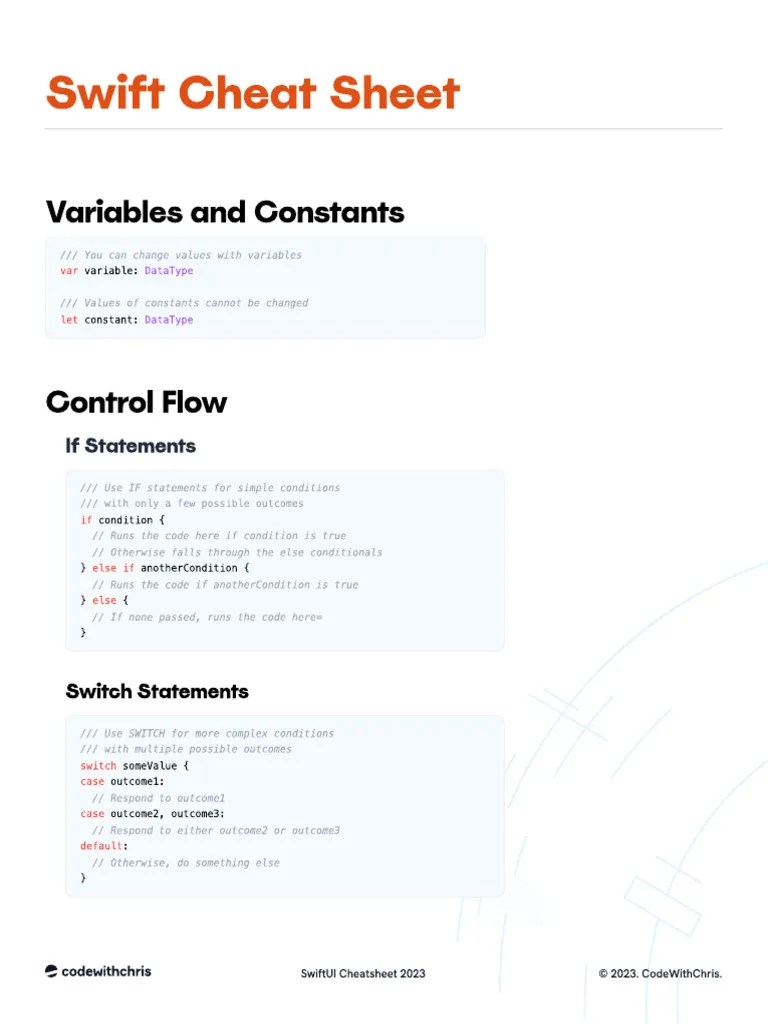 Swift Cheatsheet | PDF | Control Flow | Swift (Programming Language)
