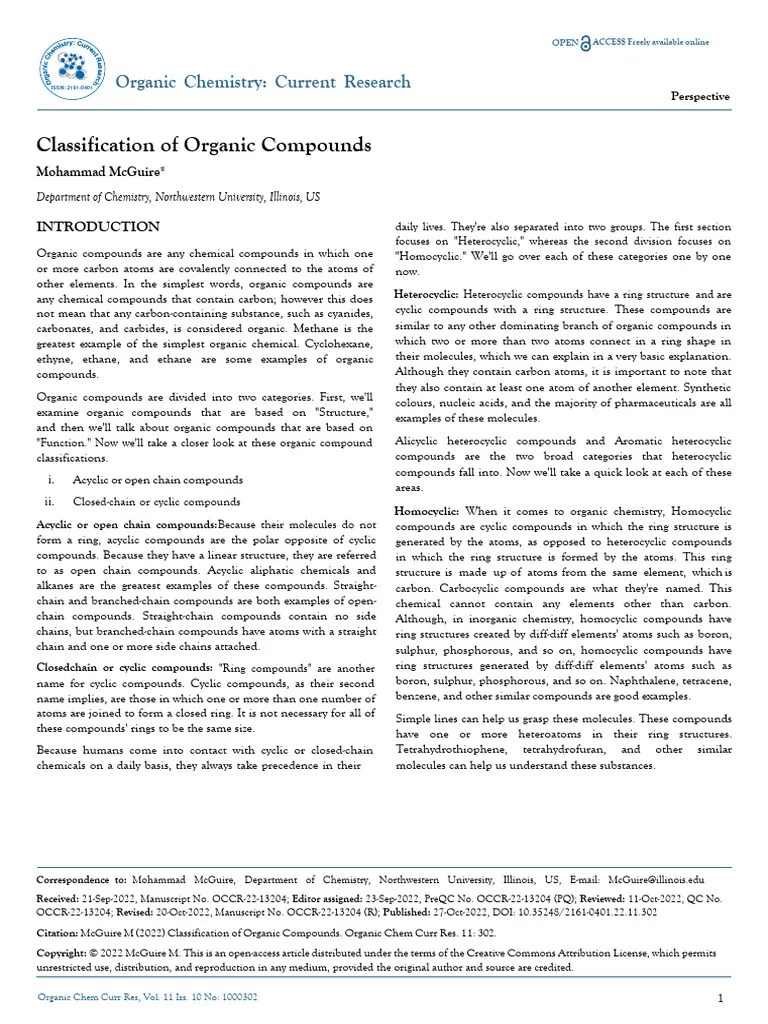 Classification Of Organic Compounds | PDF | Organic Compounds | Chemistry