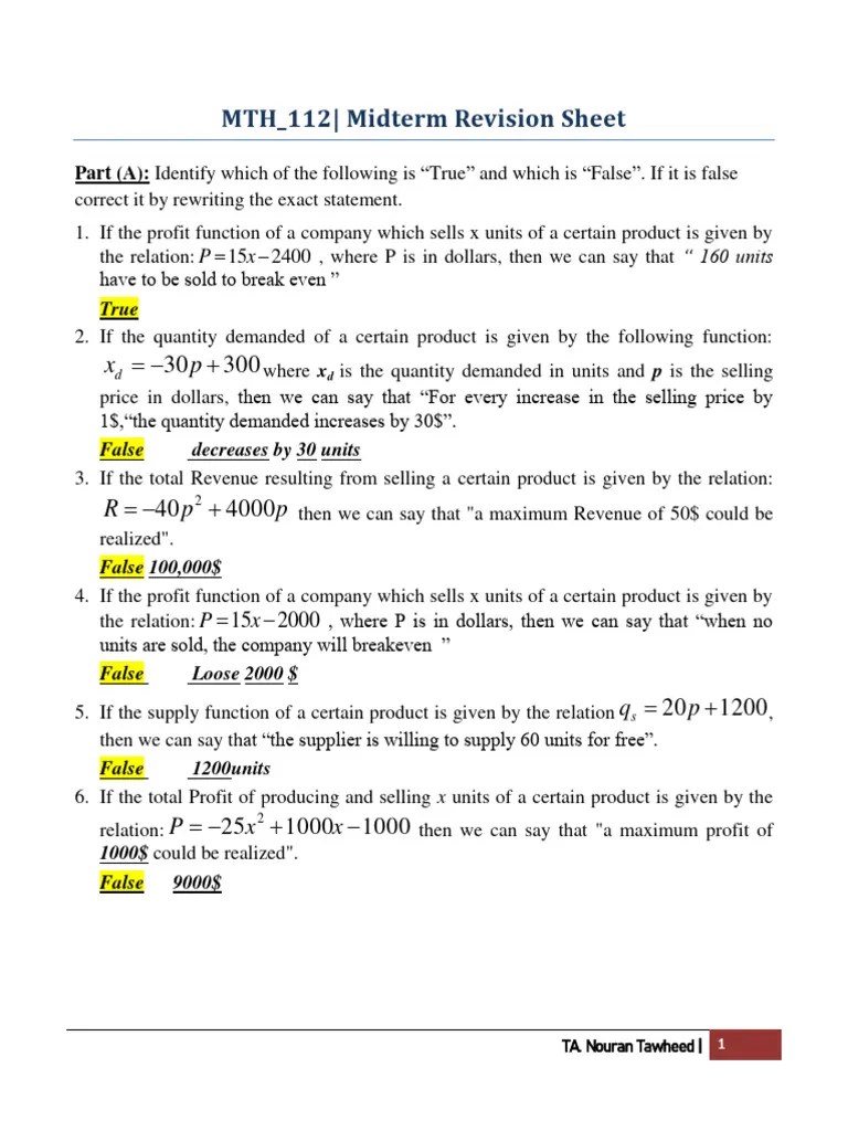 MTH - 112 Midterm Revision Sheet | PDF | Demand | Economic Equilibrium