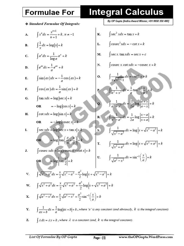 Formulae Integral Calculus | PDF | Function (Mathematics) | Trigonometric Functions