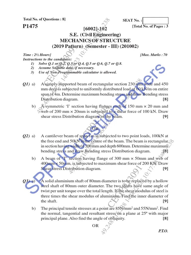 Be Civil Engineering Semester 3 2023 May Mechanics Of Structure Mos ...