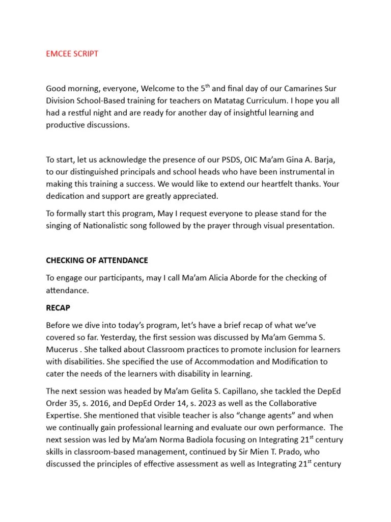 EMCEE SCRIPT-seminar | PDF | Teachers | Pedagogy