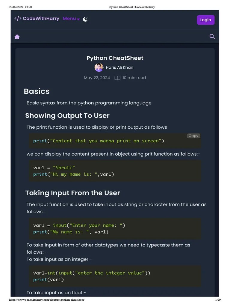 Python CheatSheet - CodeWithHarry | PDF | Class (Computer Programming ...