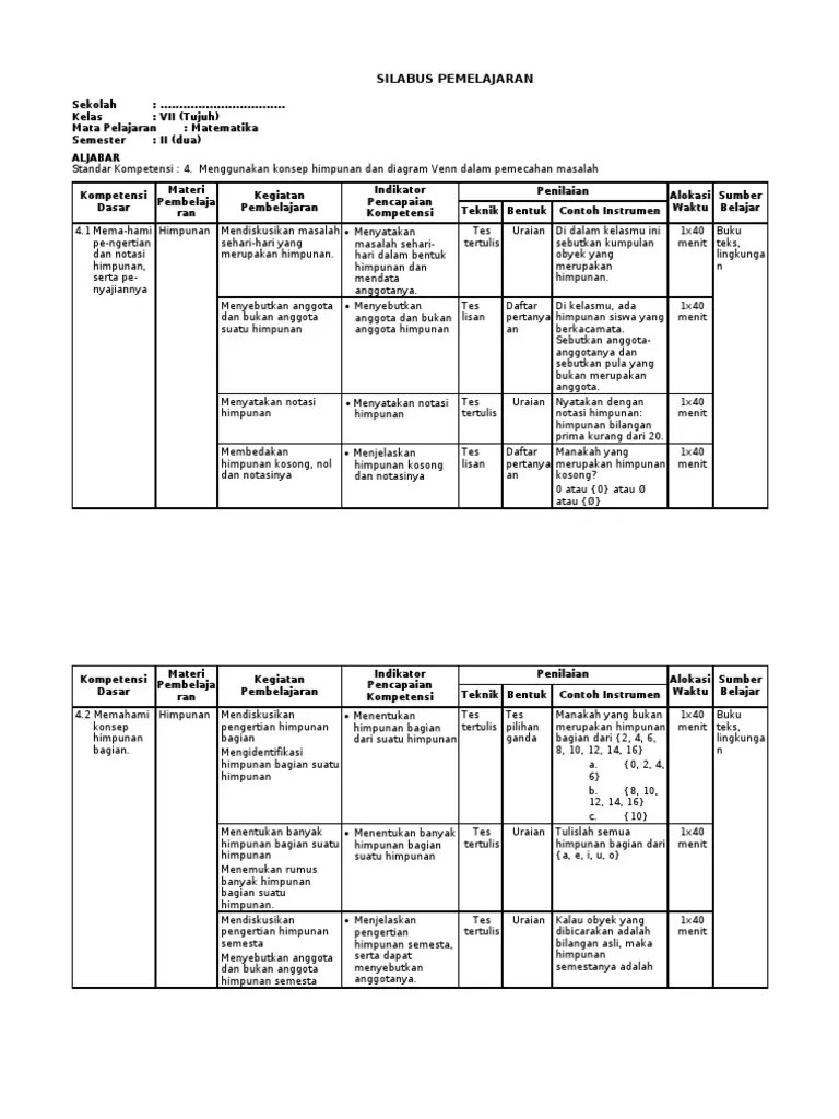 Ruang lingkup matematika sd/mi mencakup: Silabus Matematika Smp Berkarakter Kelas Vii Semester 2 Pdf