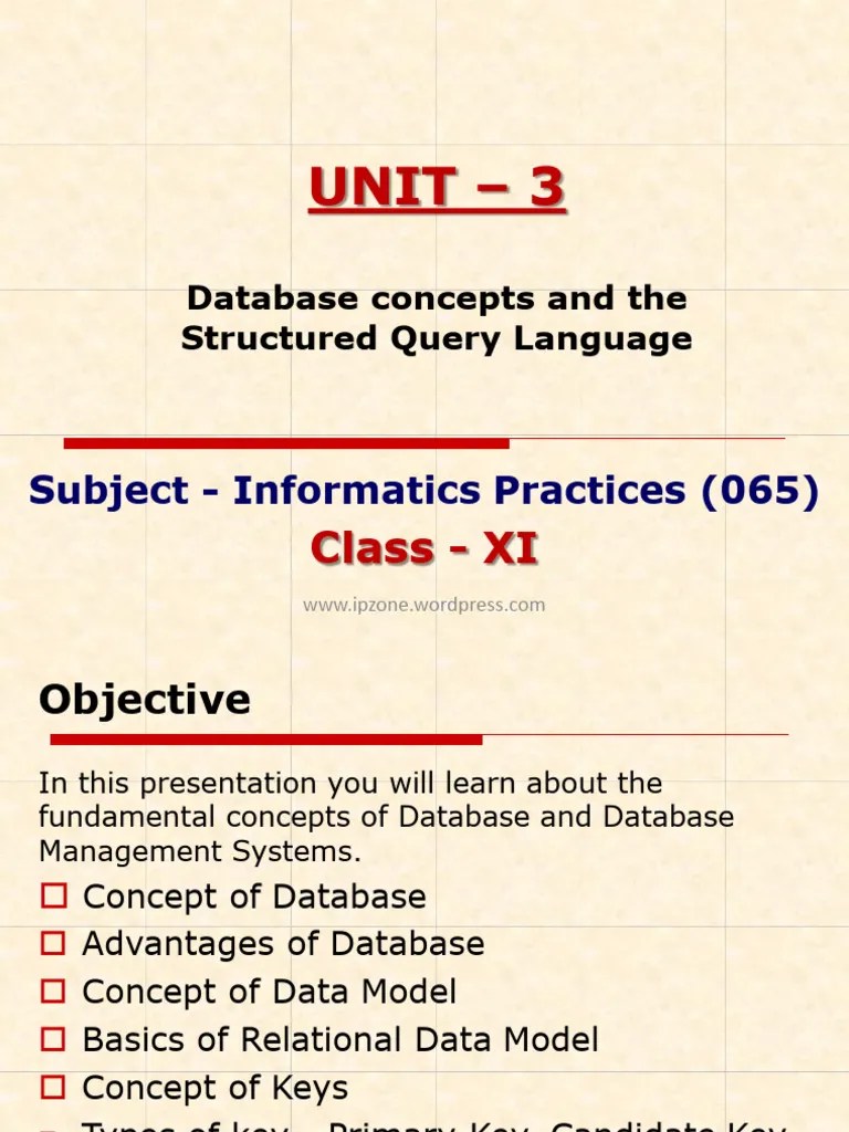 11th IP Unit-3 Database Concept And SQL | PDF | Databases | Sql