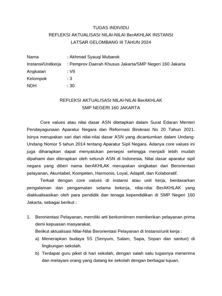 Refleksi Aktualisasi Nilai-Nilai BerAKHLAK Instansi | PDF