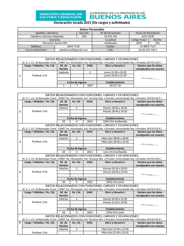 Declaración Jurada En Word (EES 10 - Avellaneda) Mariano Cabaleiro | PDF | Comunicación Escrita
