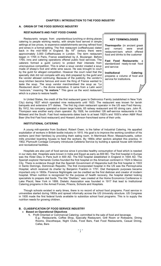Chapter 1 Intro To Food Service Industry | PDF | Restaurants | Foodservice