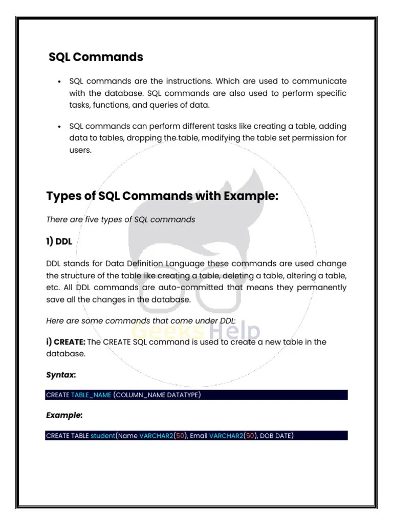 SQL Commands Cheatsheet With Examples | PDF | Table (Database) | Information Technology Management