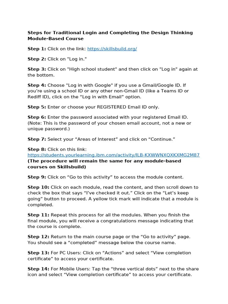 Steps For Traditional Login And Completing The Design Thinking Module ...