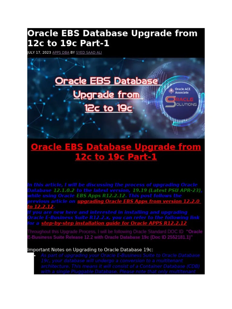 Oracle EBS Database Upgrade From 12c To 19c Part | PDF