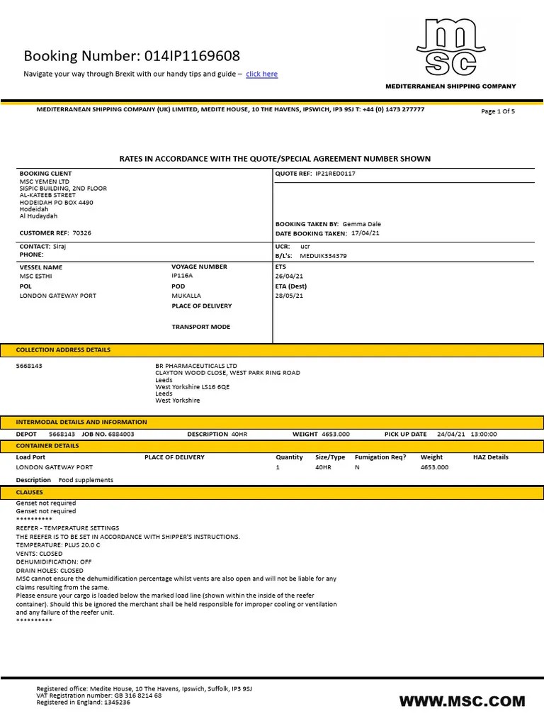 MSC Booking Confirmation-014IP1169608-MSC ESTHI-IP116A | PDF