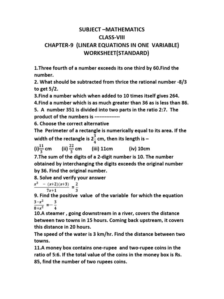 Worksheet Linear Equations - Standard | PDF