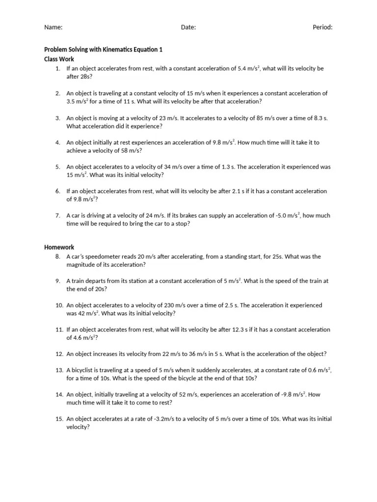 Acceleration Problem Solving With Kinematics Equation 1 And 2 | PDF