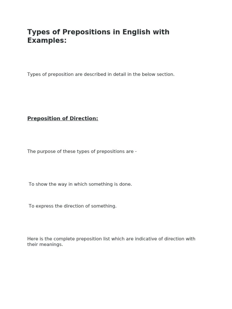 Types Of Prepositions In English With Examples | PDF