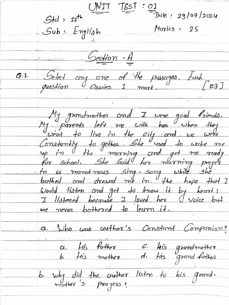 11th English Unit Test 1 | PDF