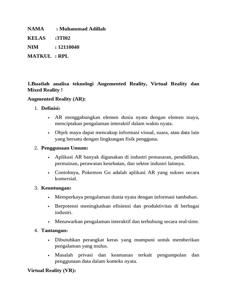 Augemented Reality, Virtual Reality Dan Mixed Reality (Muhammad Adillah ...