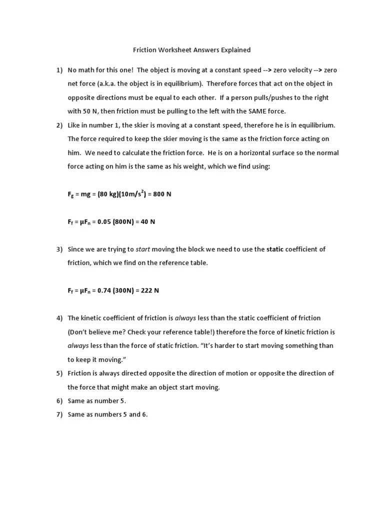 7th grade science · stem science. Friction Worksheet Answers Explained Pdf Friction Force