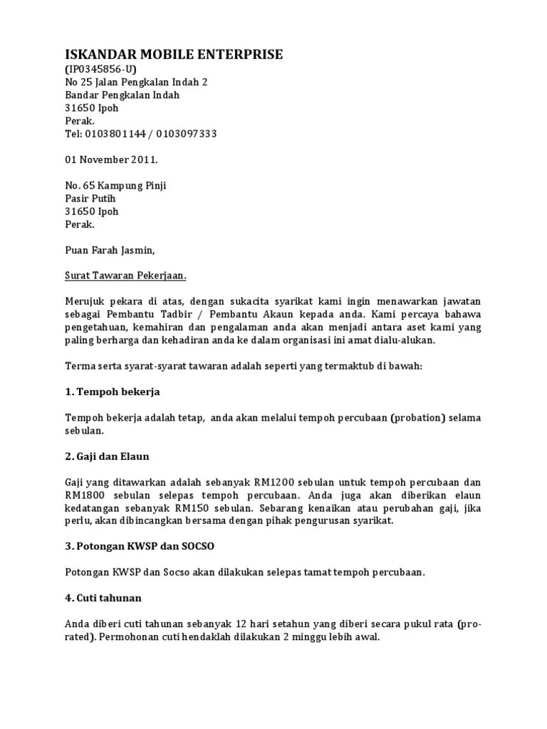 Merujuk perkara di atas, dengan sukacita syarikat kami ingin menawarkan jawatan sebagai . Surat Tawaran Kerja Secara Kontrak Letter 7saudara Com