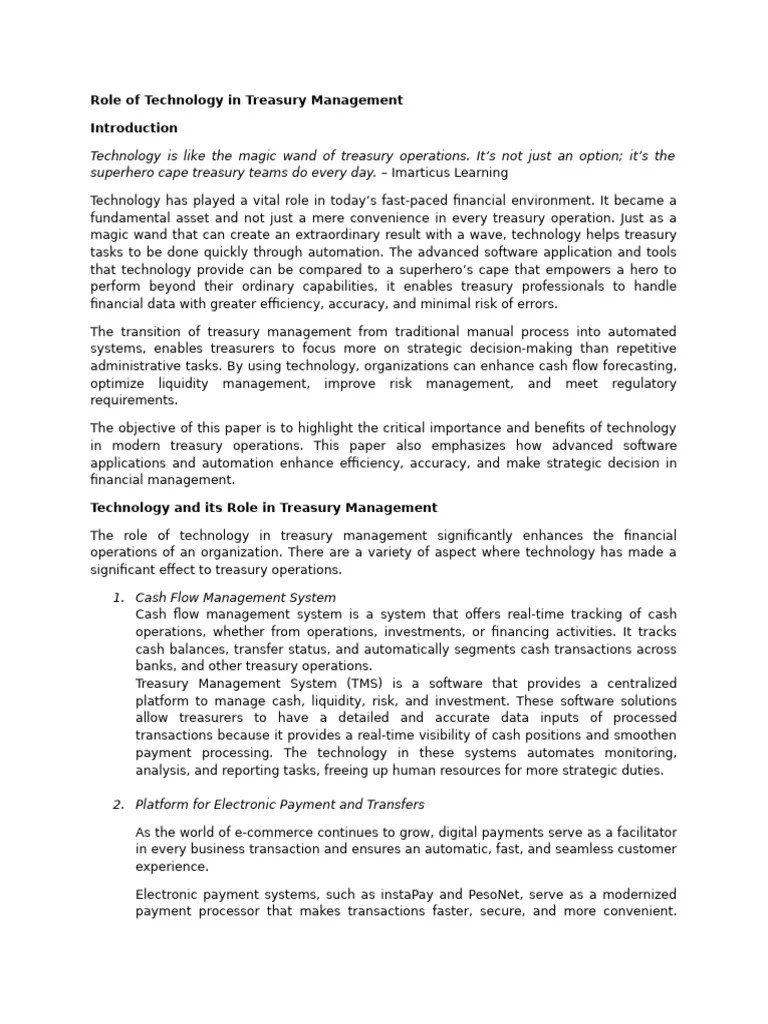 Role Of Technology In Treasury Management | PDF