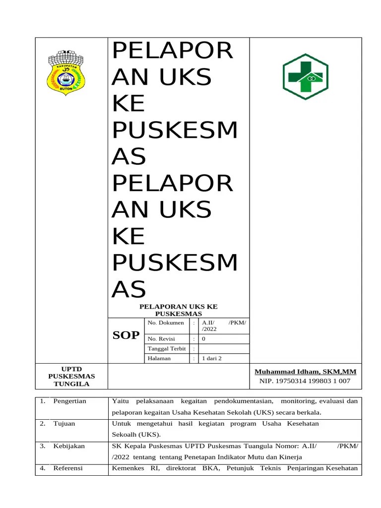 SOP Pelaksanaan Kegiatan PELAPORAN UKS KE SEKOLAH | PDF