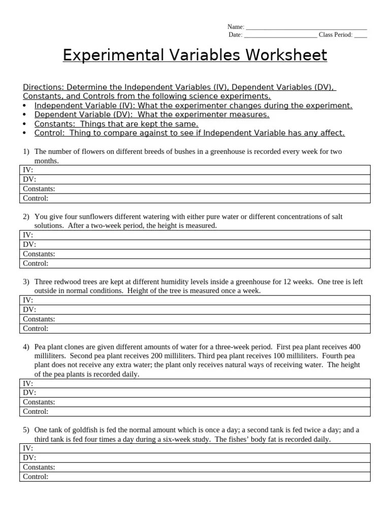 Experimental Variables Worksheet | PDF