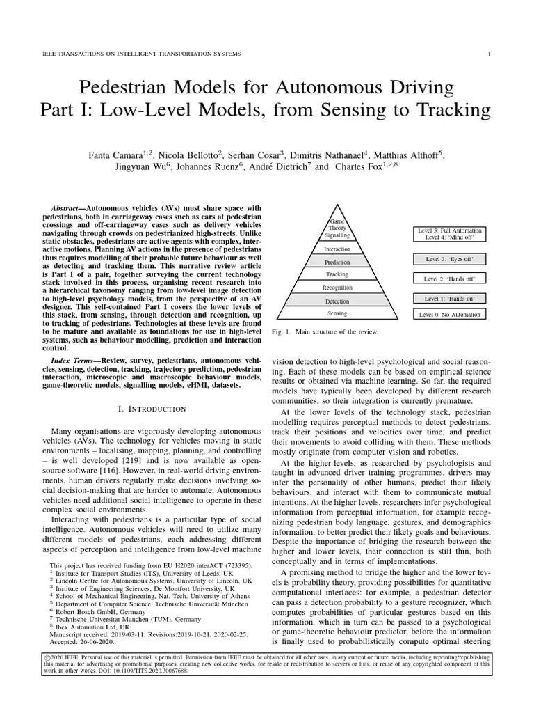 Pedestrian Models For Autonomous Driving Part I Low-Level Models, From ...