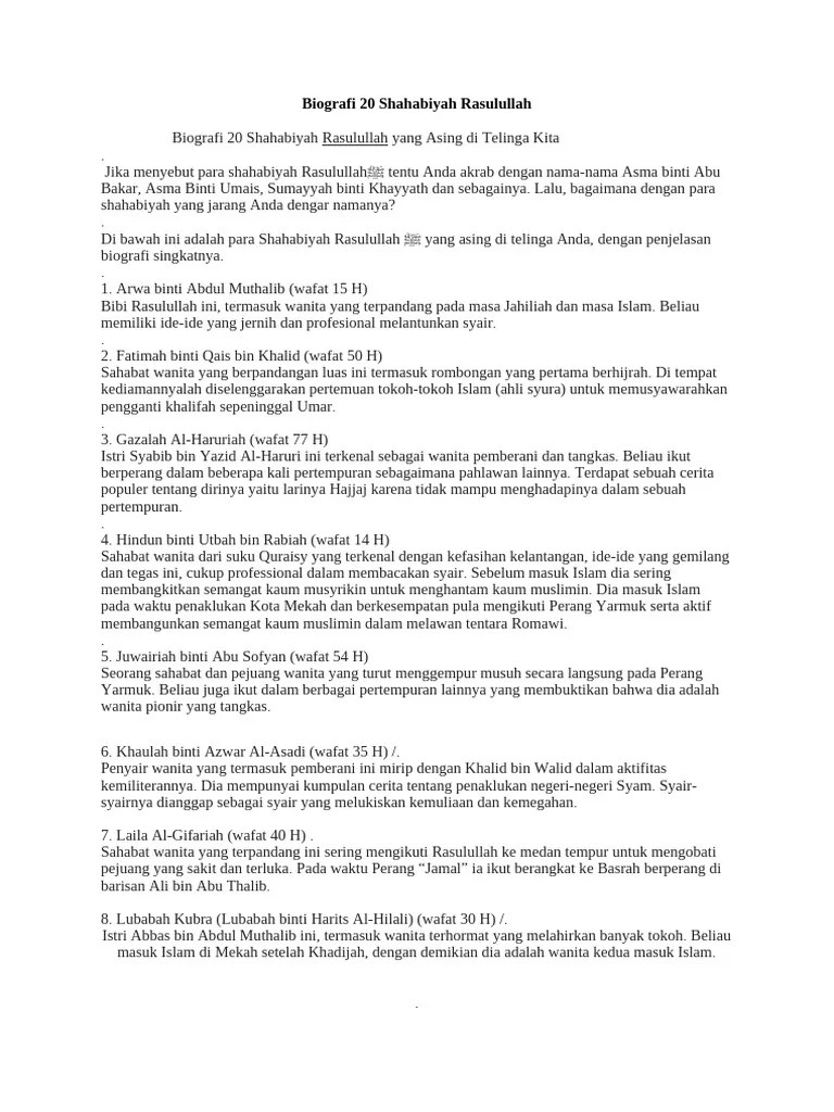 Biografi 20 Shahabiyah Rasulullah | PDF