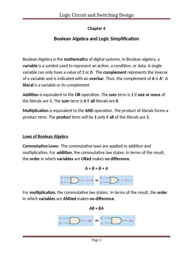 Ch4 Boolean Algebra And Simplification | PDF