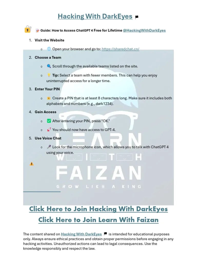 ChatGPT 4 Free For Lifetime Method @HackingWithDarkEyes | PDF