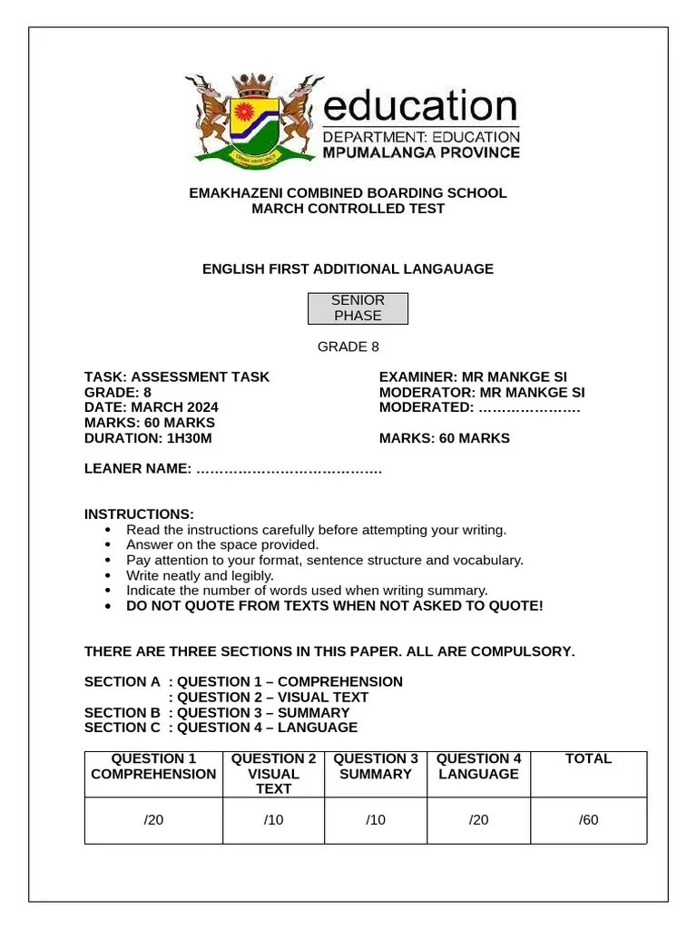 Grade 8 March Exam 2024 | PDF