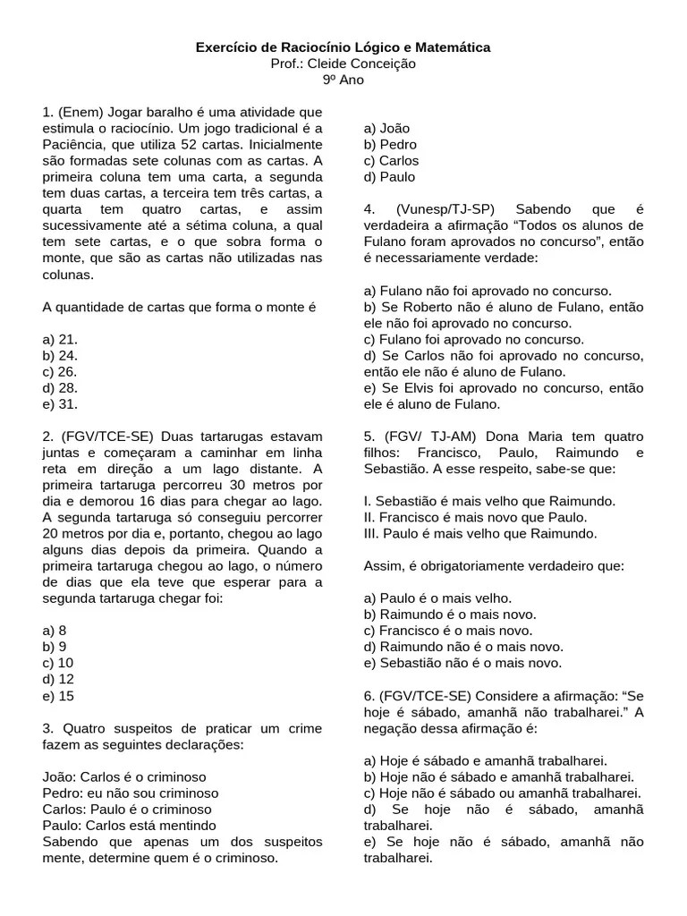 Exercício De Raciocínio Lógico E Matemática | PDF